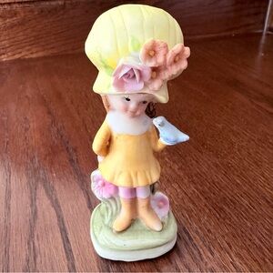 Vintage Napco Figurine Girl Holding bird Yellow Hat 4 1/2” tall